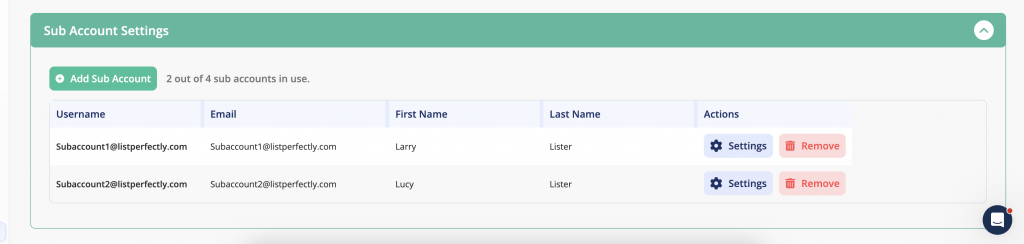 Sub account settings in List Perfectly